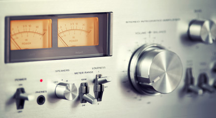 Vintage Stereo Audio Amplifier Front Panel Volume Knob - obrazy, fototapety, plakaty