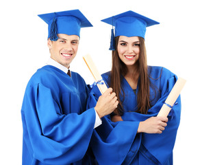 Graduate students wearing graduation hat and gown, isolated