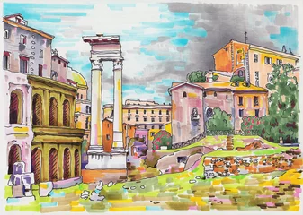 Muurstickers Artistiek monument original marker painting of Rome Italy cityscape