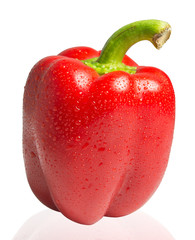 Water drops on red bell pepper isolated on white background