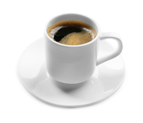 Cup of coffee on white table