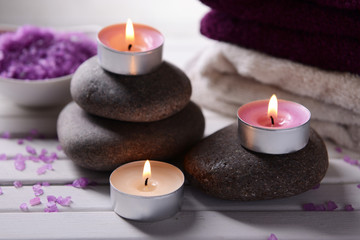 Composition of spa treatment on table on grey background