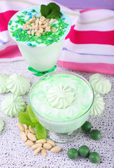 Mint milk dessert in glass bowls on color wooden background