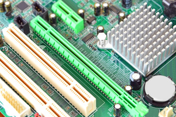 Printed computer motherboard with microcircuit, close up