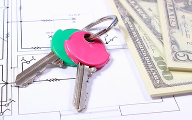Banknotes and keys on construction drawing of house