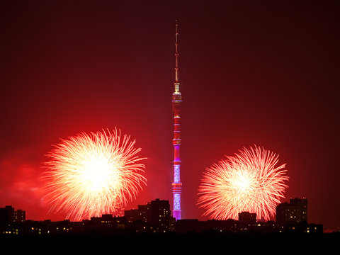 Moscow with Ostankino TV Tower and red firework