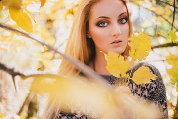 Beautiful young woman posing in an autumn forest