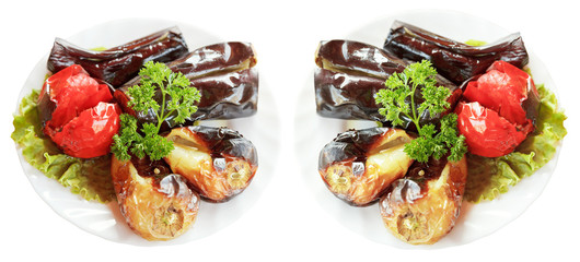 two plates with grilled vegetables isolated