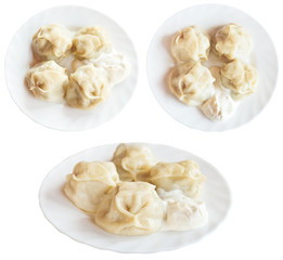 three plates with manti dumpling isolated