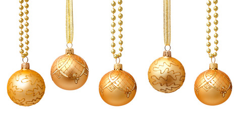 Hanging golden christmas balls with ribbon isolated