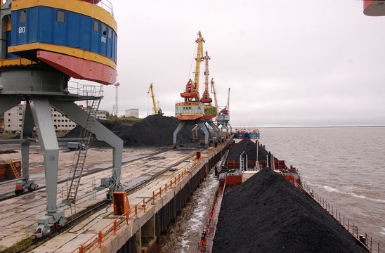 Ship with coal at Kolyma river port