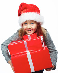 Smiling girl hold christmas gifts.  Isolated portrait