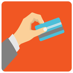 Flat design style illustration. Hand hold credit card to pay.
