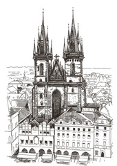 Fototapeta premium Vector drawing of Church Our Lady before Tyn in Prague, Czech Re