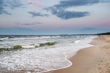 Sunset over Baltic Sea beach in Karlikowo, Sopot, Poland - obrazy, fototapety, plakaty