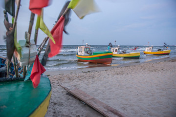 Fishing boats on Baltic Sea beach in Karlikowo, Sopot, Poland