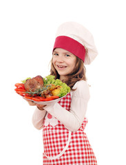 happy little girl cook with big turkey drumstick