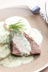 dill sauce with beef meat
