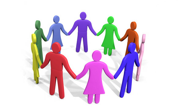 Plenty of colorful people standing in a circle holding hands