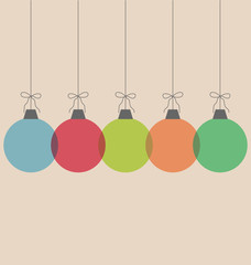 Five multicolored simple Christmas balls with bows isolated on b