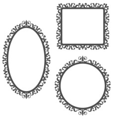 Three black vintage frames in different shapes isolated on white
