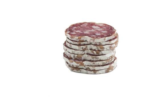 rondelles sa saucisson d&eacute;coup&eacute;es en tas vertical