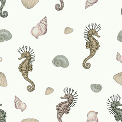 seashells and seahorse seamless pattern