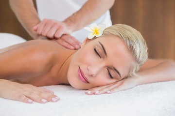 Fototapeta na wymiar Woman receiving back massage at spa center