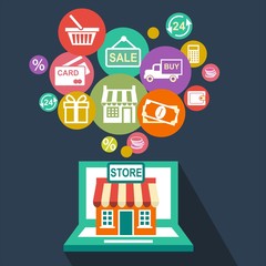 Concept of retail process with shop and shopping icons
