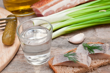 Vodka, green onion, cucumber and bacon sandwiches and herring
