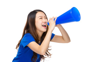 Thrilled woman scream with megaphone