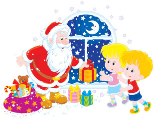 Santa Claus giving Christmas gifts to children