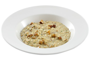 Bowl of oats porridge on a white background. Healthy breakfast