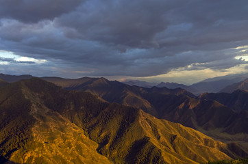 Altai mountains lit by the setting sun.
