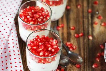 Delicious dessert pannacotta with fresh pomegranate seeds in a g