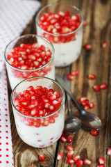 Delicious dessert  pannacotta with fresh pomegranate seeds in a