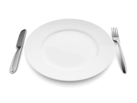 Empty dinner plate, knife and fork