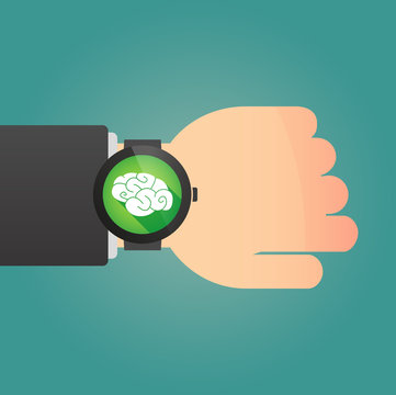 Hand with a smart watch displaying a brain