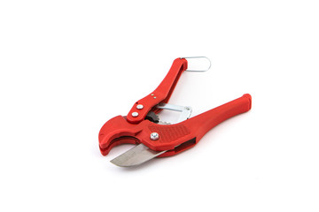 Crimper tool with a red handle.