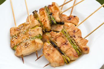 barbecue with delicious grilled meat and leek