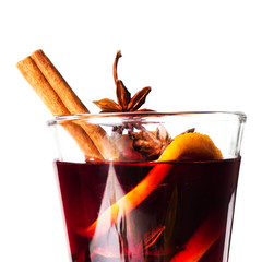 Hot red mulled wine isolated on white background with christmas