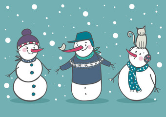 Set of 3 cute snowman, part 2 vector illustration