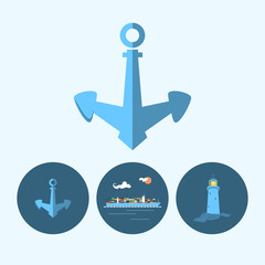 Set with anchor, lighthouse and container ship