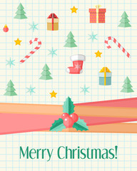 Christmas card with holly berry and Christmas icons