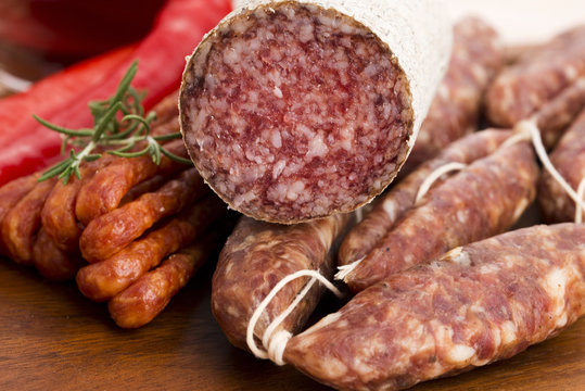 Different sausages and salami