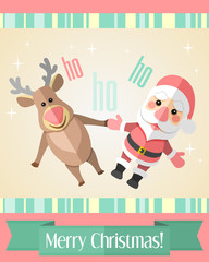 Christmas card with merry Santa Claus and reindeer