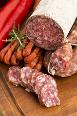 Different sausages and salami