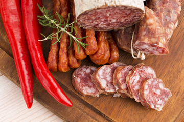 Different sausages and salami
