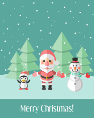 Christmas card with Santa Claus and penguin and snowman