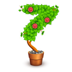 Isolated tree with flowers in clay pot. In the form of number 7
